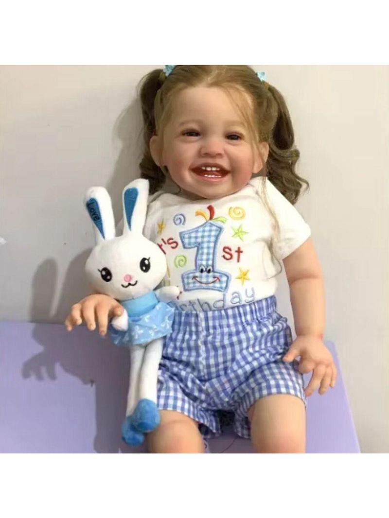Bebe Reborn Menina Sorridente Corpo De Pano Macio Cabelo Implantado Fio A Fio