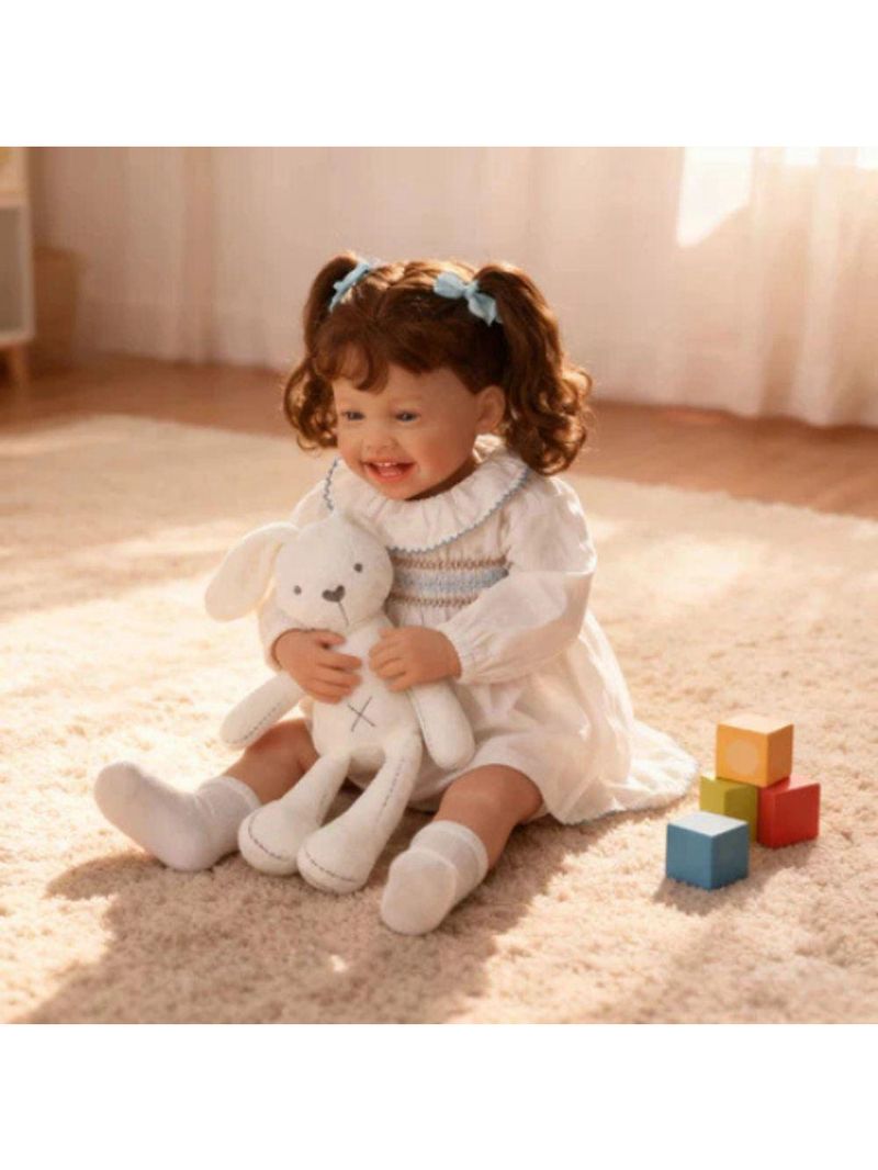 Bebe Reborn Menina Sorridente Corpo De Pano Macio Cabelo Implantado Fio A Fio