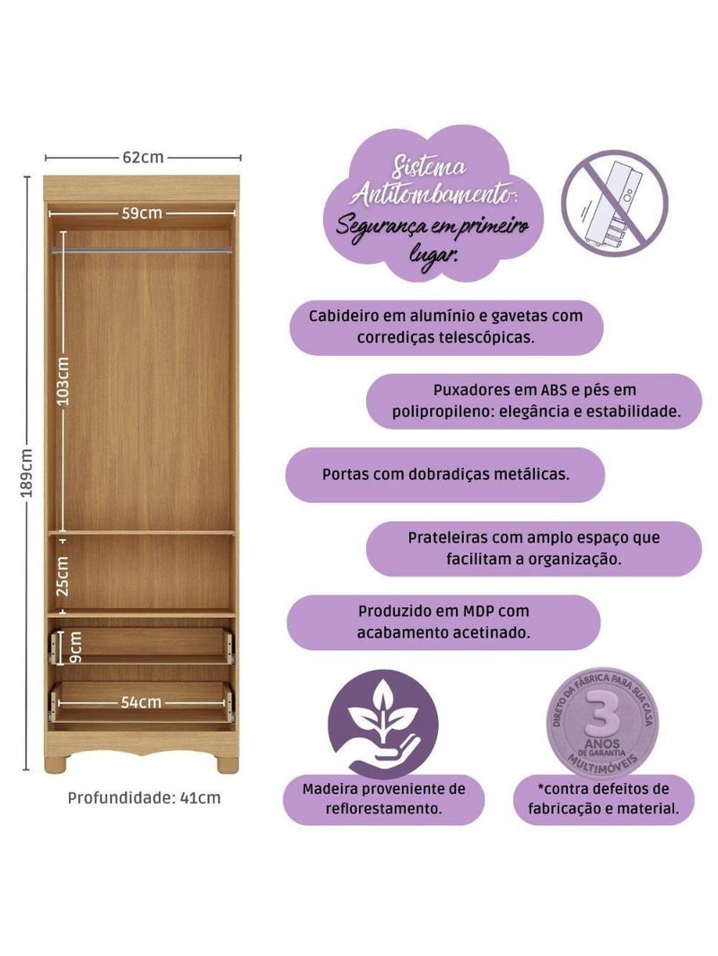 Guardaroupa Infantil 62cm 2 Portas E 2 Gavetas Dengo Multimóveis Mp4436 Madeiradobranco