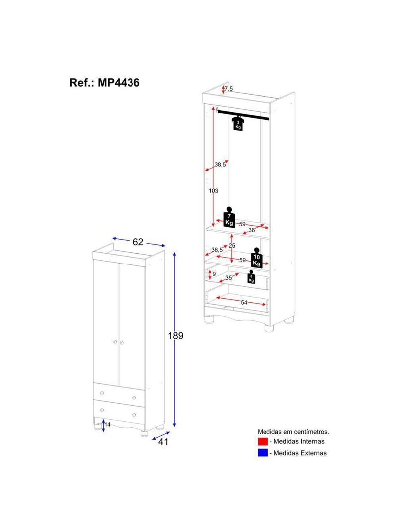 Guardaroupa Infantil 62cm 2 Portas E 2 Gavetas Dengo Multimóveis Mp4436 Madeiradobranco