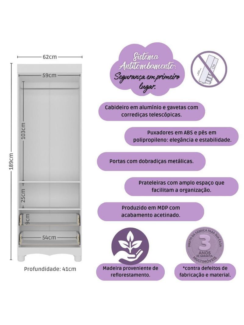 Guardaroupa Infantil 62cm 2 Portas E 2 Gavetas Dengo Multimóveis Mp4436 Brancomadeirado