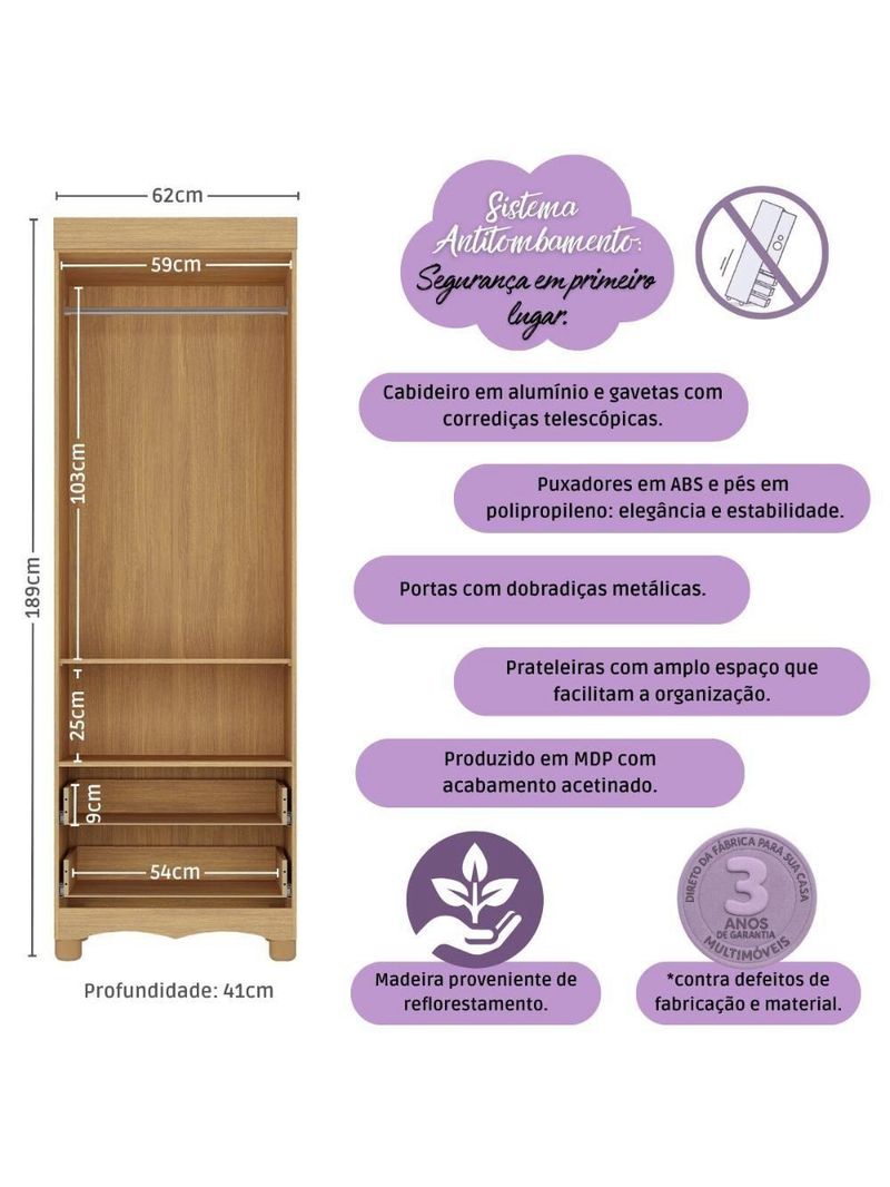 Guarda-roupa Infantil 62cm 2 Portas E 2 Gavetas Dengo Multimóveis Mp4436 Madeirado Madeirado