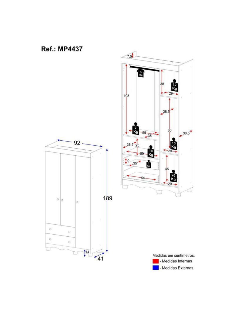 Guardaroupa Infantil 92cm 3 Portas E 2 Gavetas Dengo Multimóveis  Brancooff White