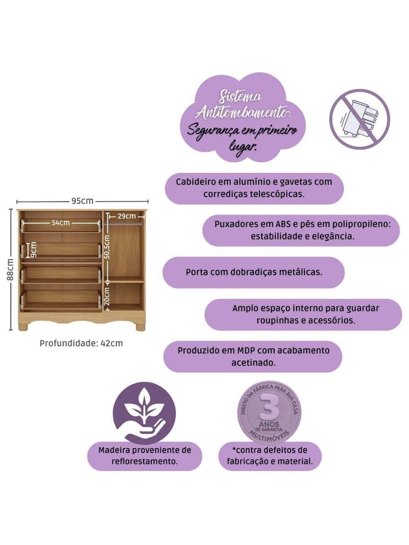 Cômoda Infantil 95cm 1 Porta E 4 Gavetas Dengo Multimóveis Mp4439 Madeirado Madeirado