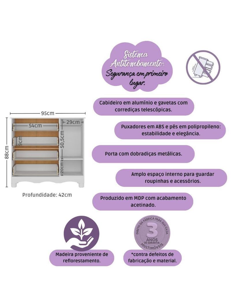 Cômoda Infantil 95cm 1 Porta E 4 Gavetas Dengo Multimóveis Mp4439 Branco/off White Branco/off White