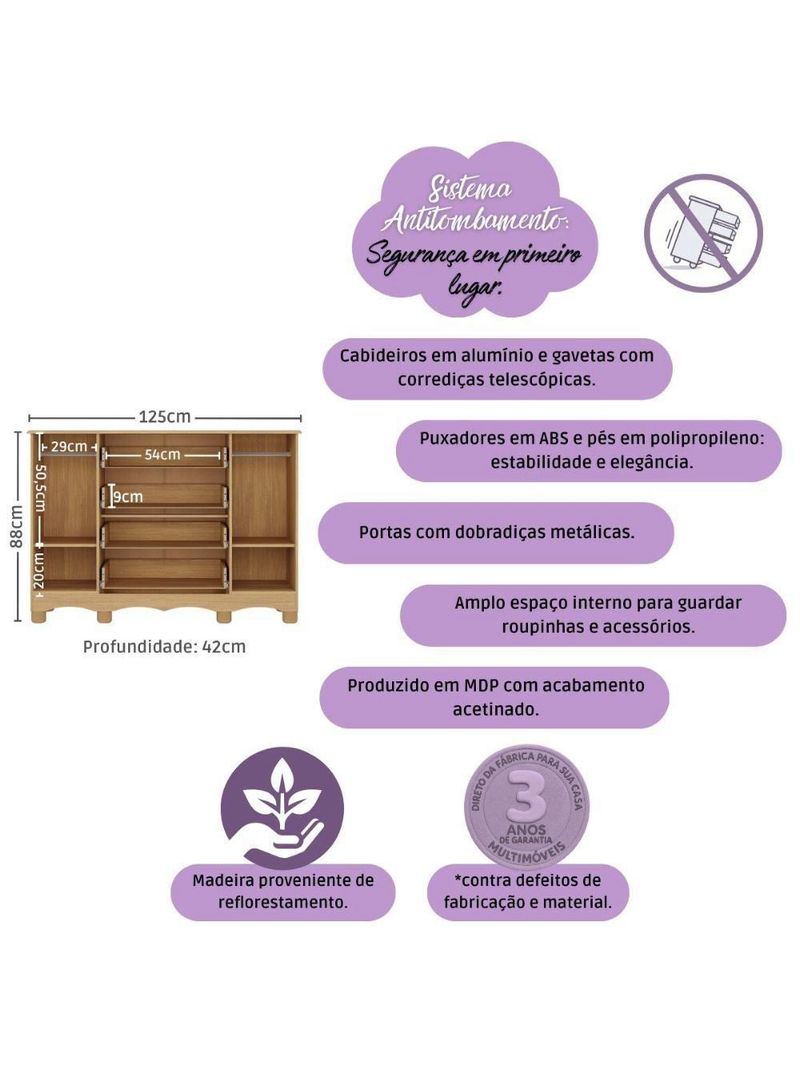 Cômoda Infantil 125cm 2 Portas E 4 Gavetas Dengo Multimóveis Mp4440 Madeiradobranco Madeiradobranco