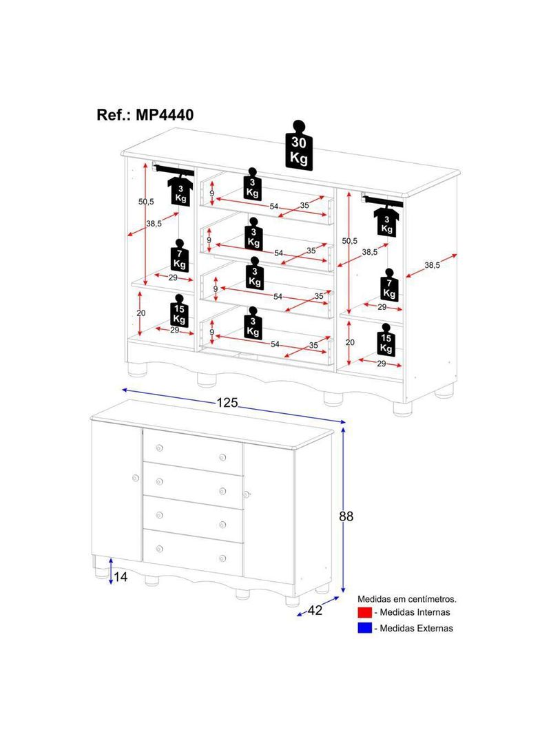 Cômoda Infantil 125cm 2 Portas E 4 Gavetas Dengo Multimóveis Mp4440 Madeiradobranco Madeiradobranco