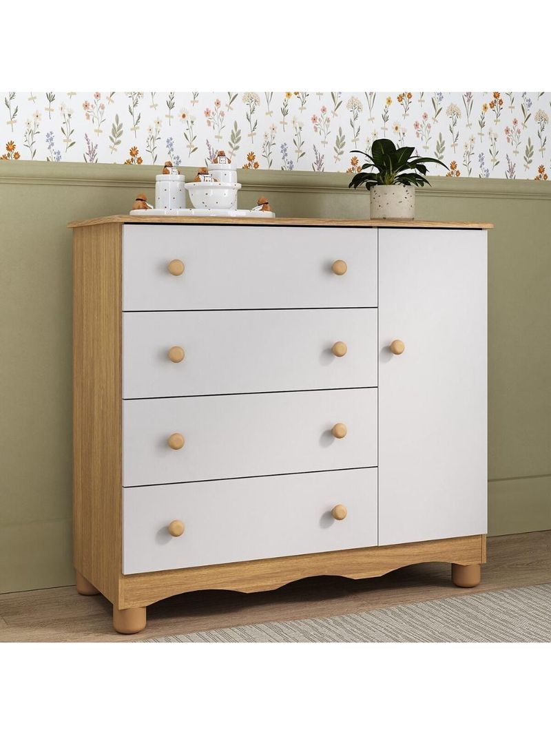 Cômoda Infantil 95cm 1 Porta E 4 Gavetas Dengo Multimóveis Mp4439 Madeirado/branco Madeirado/branco