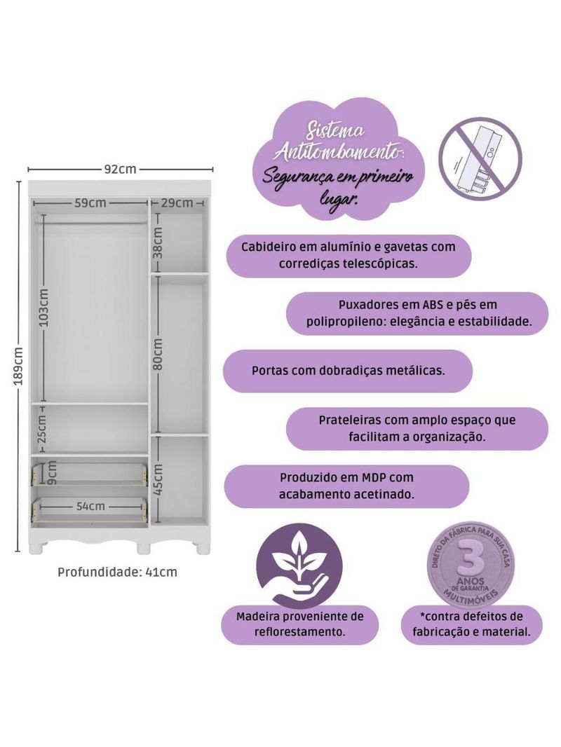 Guarda-roupa Infantil 92cm 3 Portas E 2 Gavetas Dengo Multimóveis Mp4437 Branco Branco