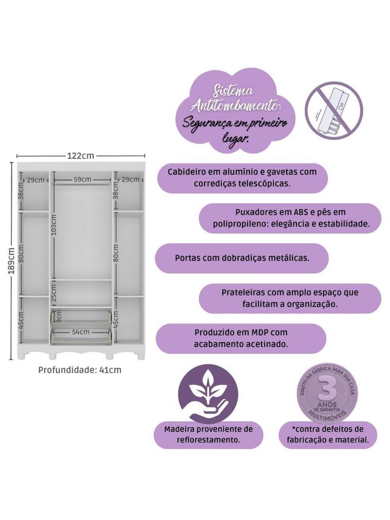 Guarda-roupa Infantil 122cm 4 Portas E 2 Gavetas Dengo Multimóveis Mp4438 Branco Branco