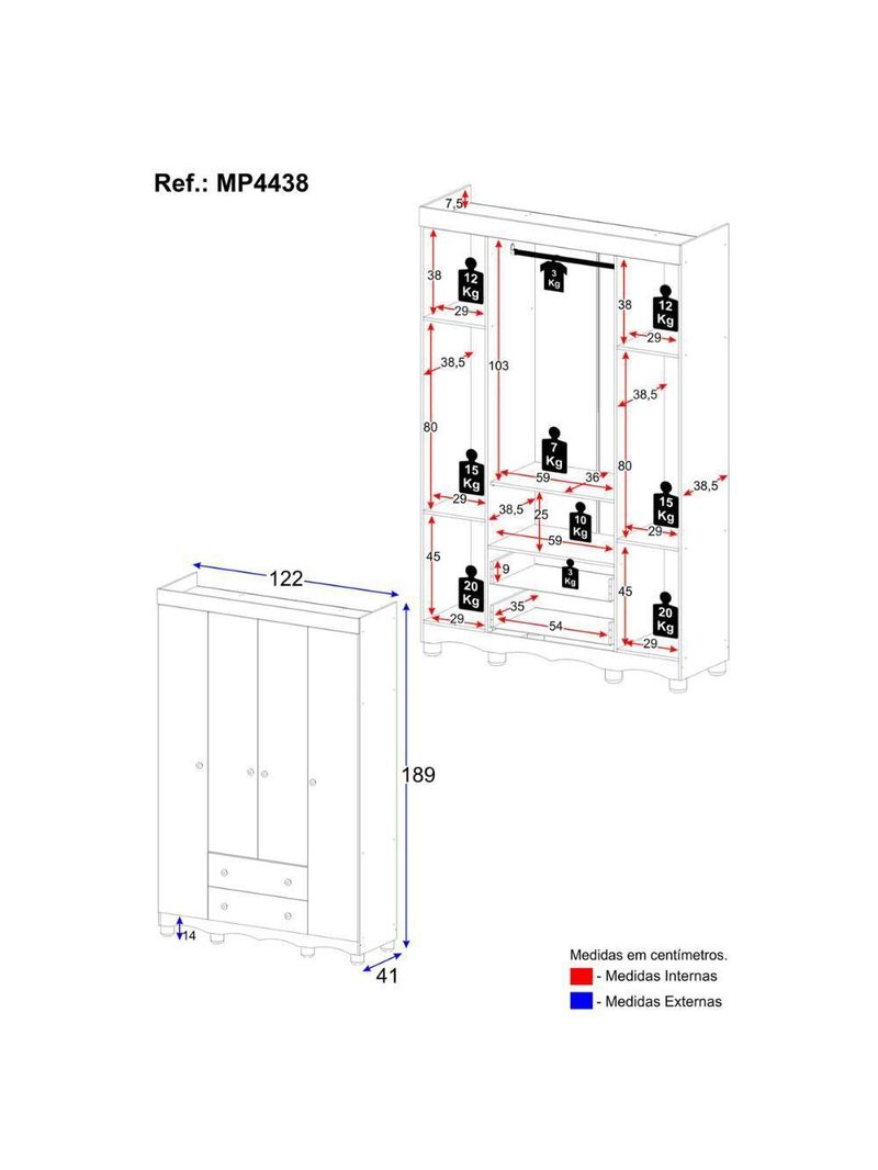 Guardaroupa Infantil 122cm 4 Portas E 2 Gavetas Dengo Multimóveis Mp4438 Madeiradobranco