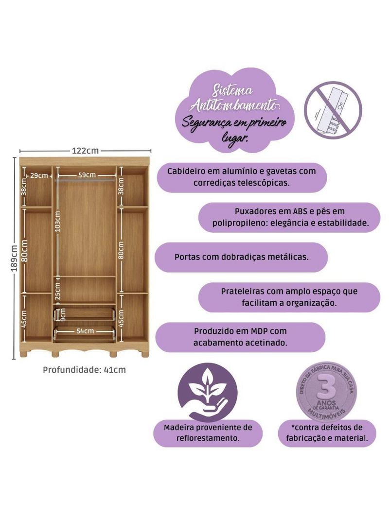 Guardaroupa Infantil 122cm 4 Portas E 2 Gavetas Dengo Multimóveis Mp4438 Madeiradobranco