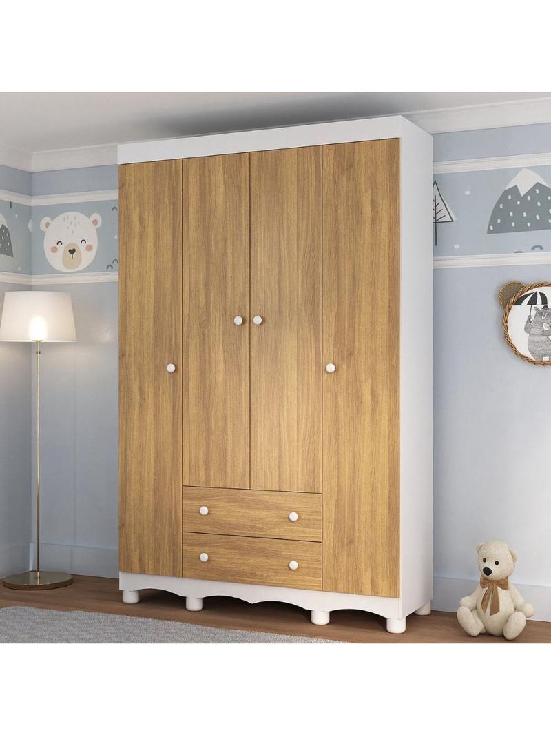 Guardaroupa Infantil 122cm 4 Portas E 2 Gavetas Dengo Multimóveis Mp4438 Brancomadeirado