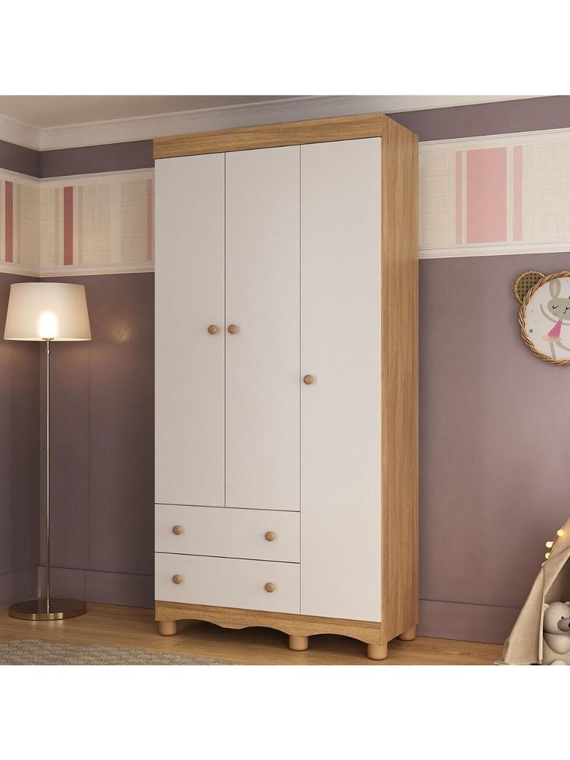 Guardaroupa Infantil 92cm 3 Portas E 2 Gavetas Dengo Multimóveis  Madeiradobranco