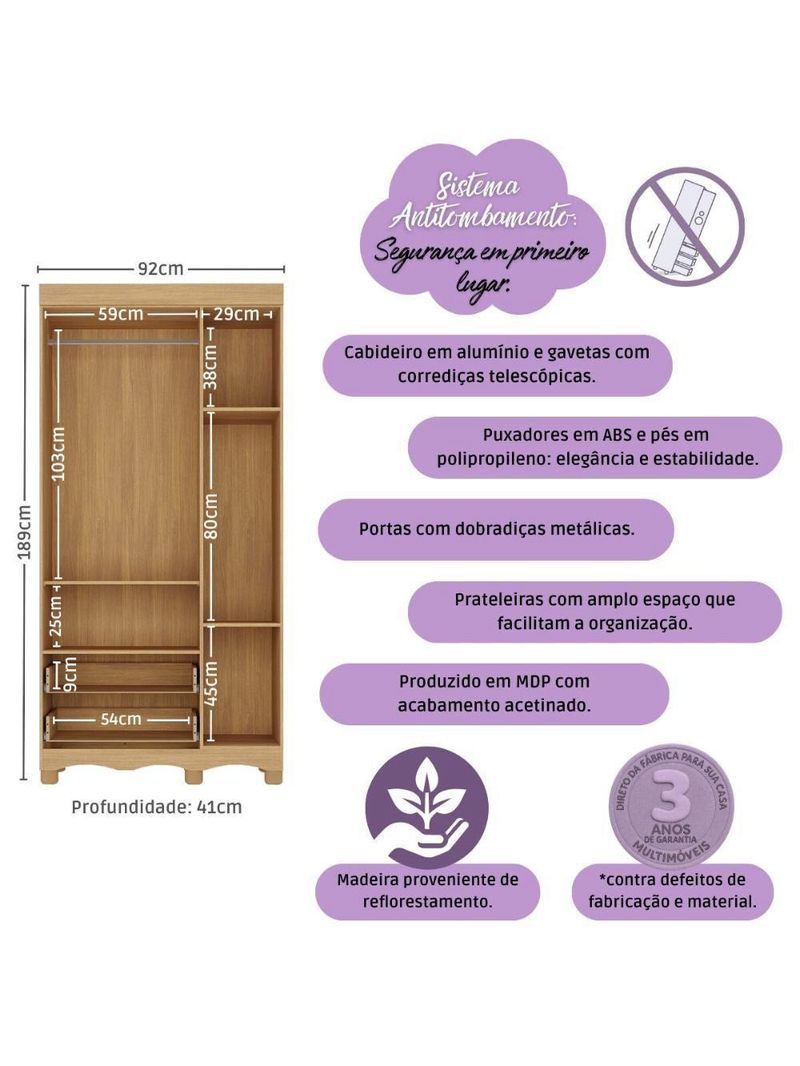 Guardaroupa Infantil 92cm 3 Portas E 2 Gavetas Dengo Multimóveis  Madeiradobranco