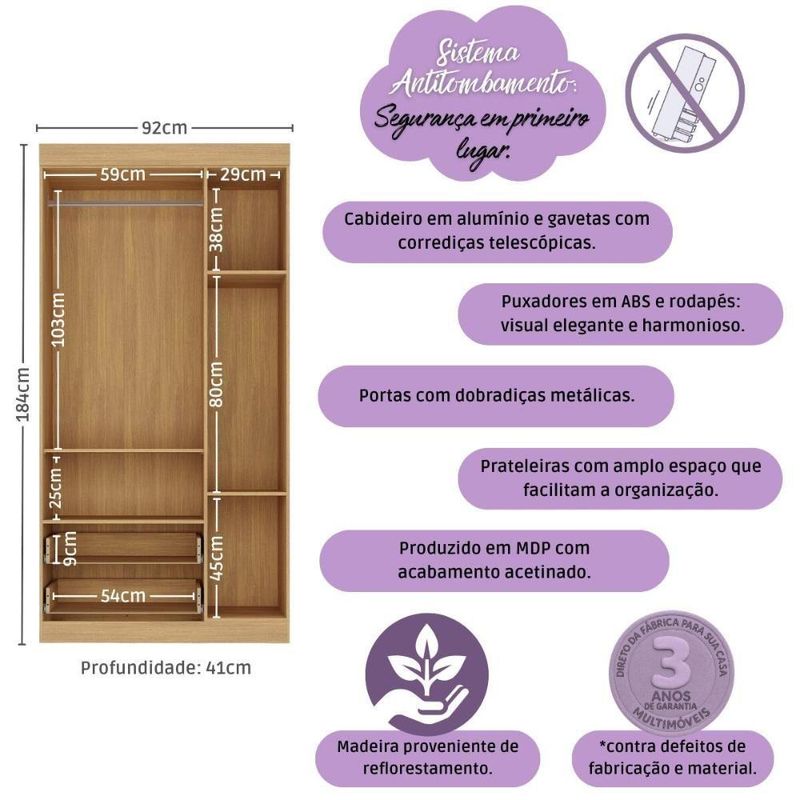 Guarda-roupa Infantil 92cm 3 Portas E 2 Gavetas Encanto Multimóveis Mp4447 Madeirado Madeirado