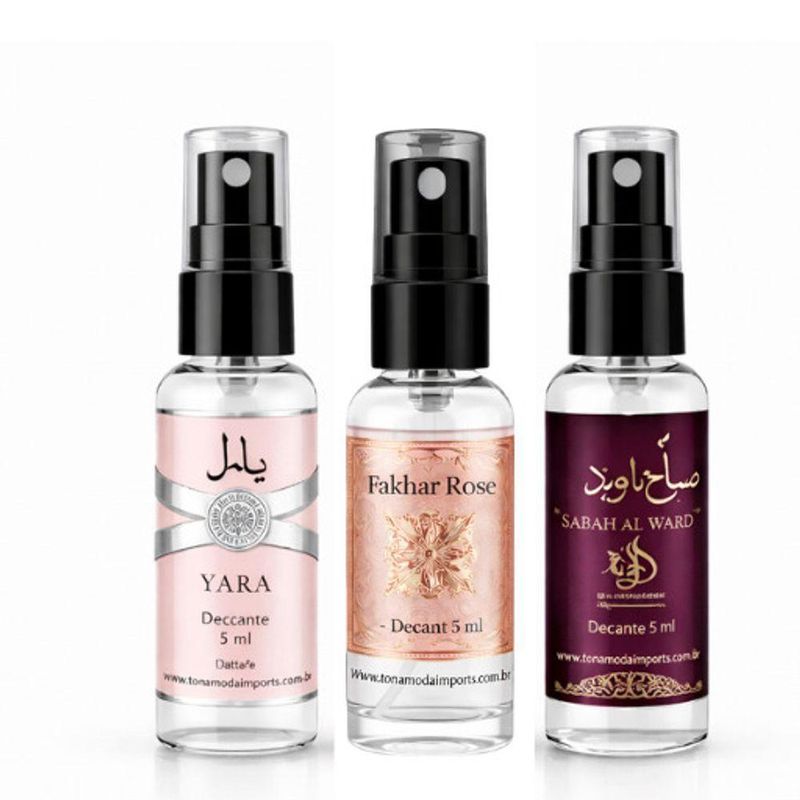 Kit Decants árabes Femininos Yara + Fakhar Rose + Sabah 5ml Original