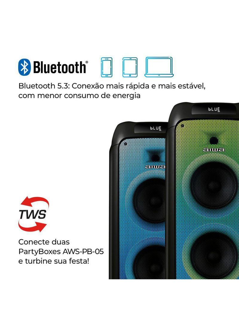 Caixa De Som Partybox Aiwa Pb-05 Bluetooth 20h Rgb Usb Tws Preto Bivolt