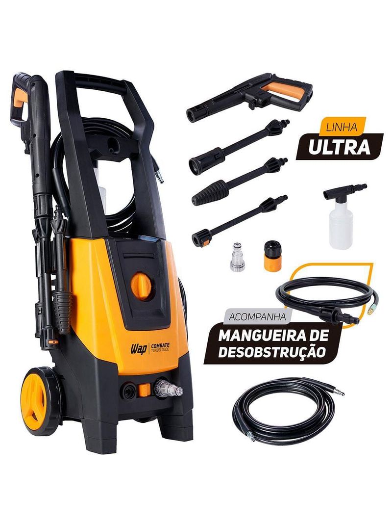 Lavadora de alta pressão wap combate turbo ultra 2600 2100psi com mangueira desentupidora e lança com bico regulável - 1700w