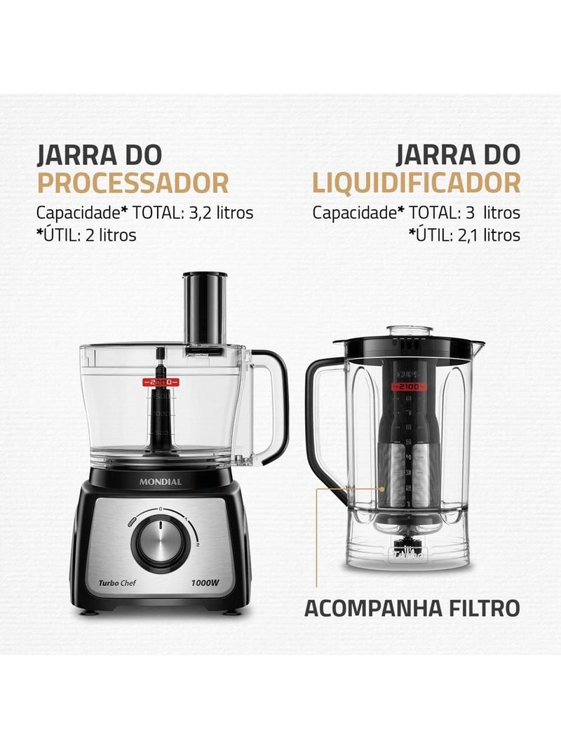 Multiprocessador de alimentos mondial turbo chef 9 em 1 mpn-01-bf 2 velocidades + pulsar 1000 w