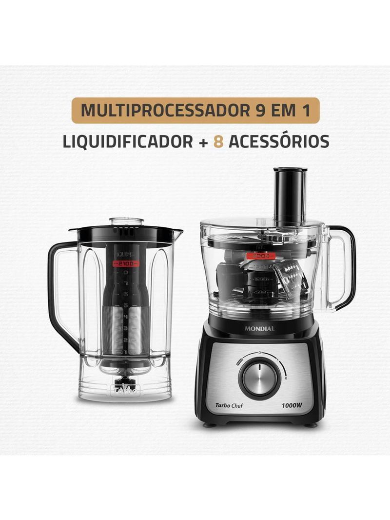 Multiprocessador de alimentos mondial turbo chef 9 em 1 mpn-01-bf 2 velocidades + pulsar 1000 w