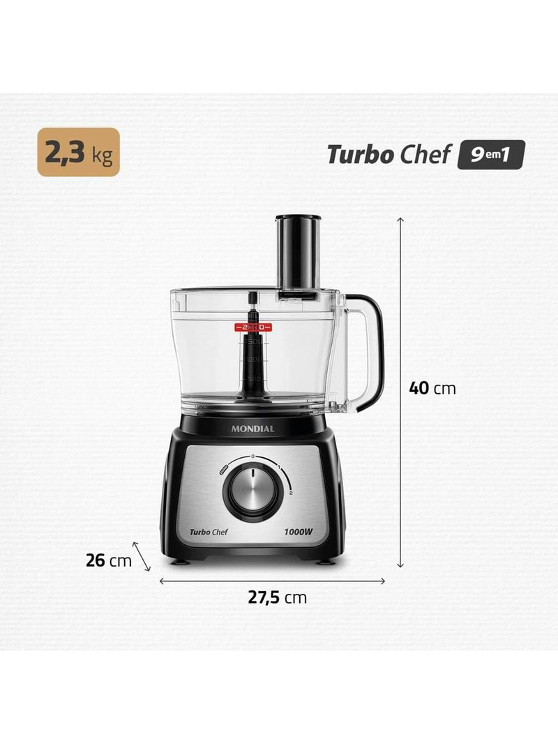 Multiprocessador de alimentos mondial turbo chef 9 em 1 mpn-01-bf 2 velocidades + pulsar 1000 w