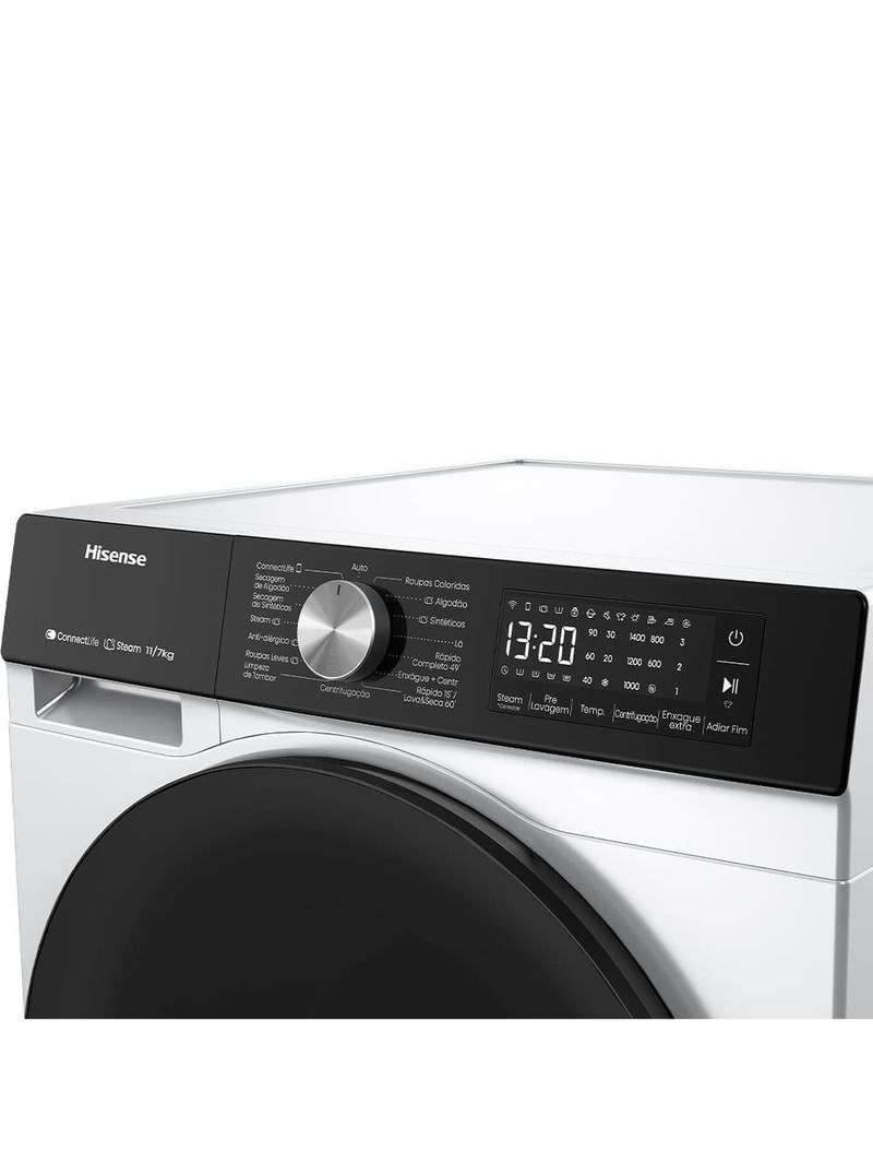 Lava e seca hisense 11/7kg wd3s11 com motor inverter, controle wi-fi, 13 programas de lavagem e 3 de secagem, painel touch - branca
