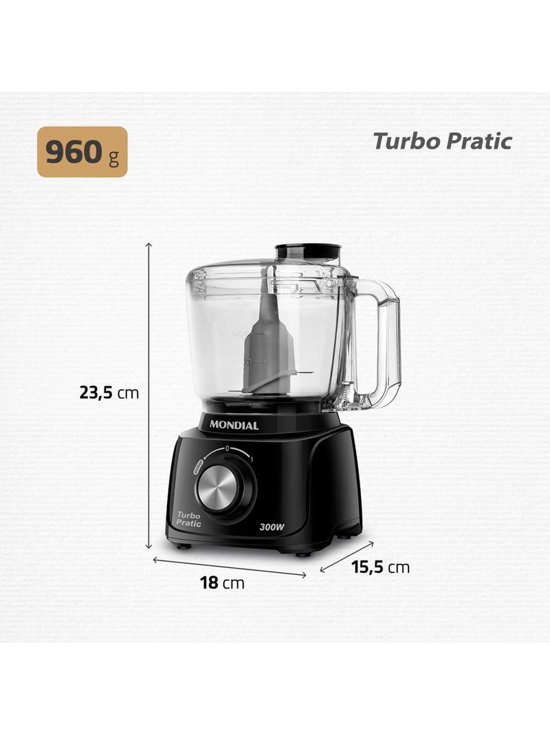 Mini processador de alimentos mondial turbo pratic mp-16 300w - preto