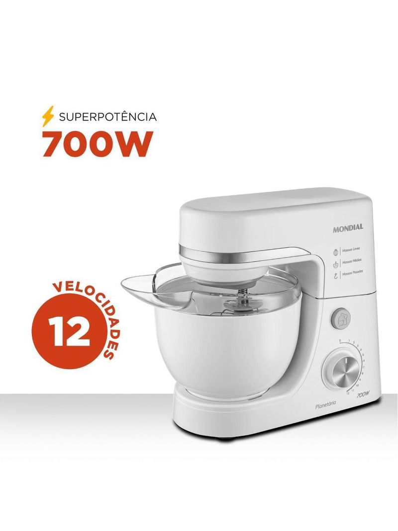 Batedeira planetária mondial bp-03w-2b com 12 velocidades e 700w - branca