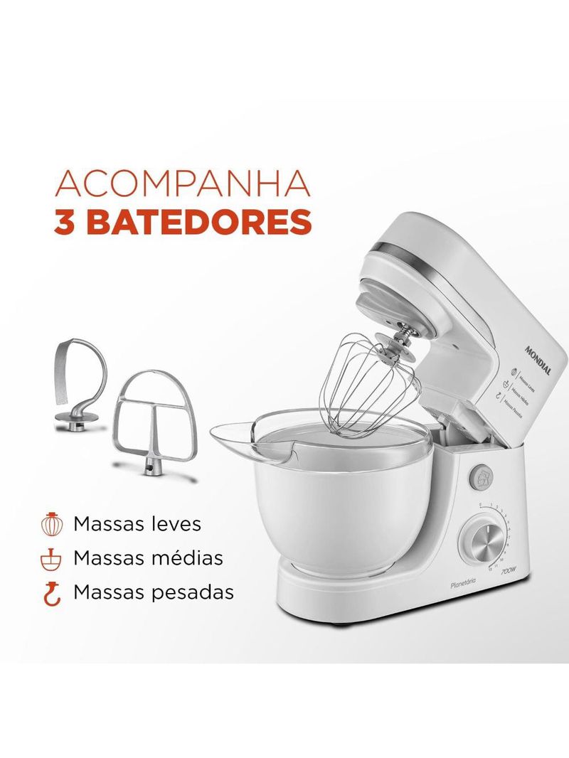 Batedeira planetária mondial bp-03w-2b com 12 velocidades e 700w - branca
