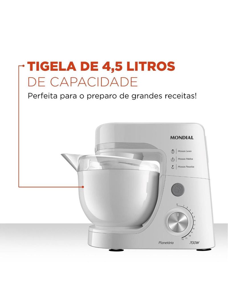 Batedeira planetária mondial bp-03w-2b com 12 velocidades e 700w - branca