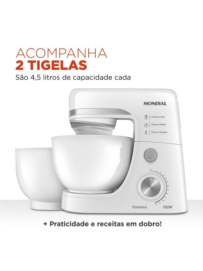 Batedeira planetária mondial bp-03w-2b com 12 velocidades e 700w - branca