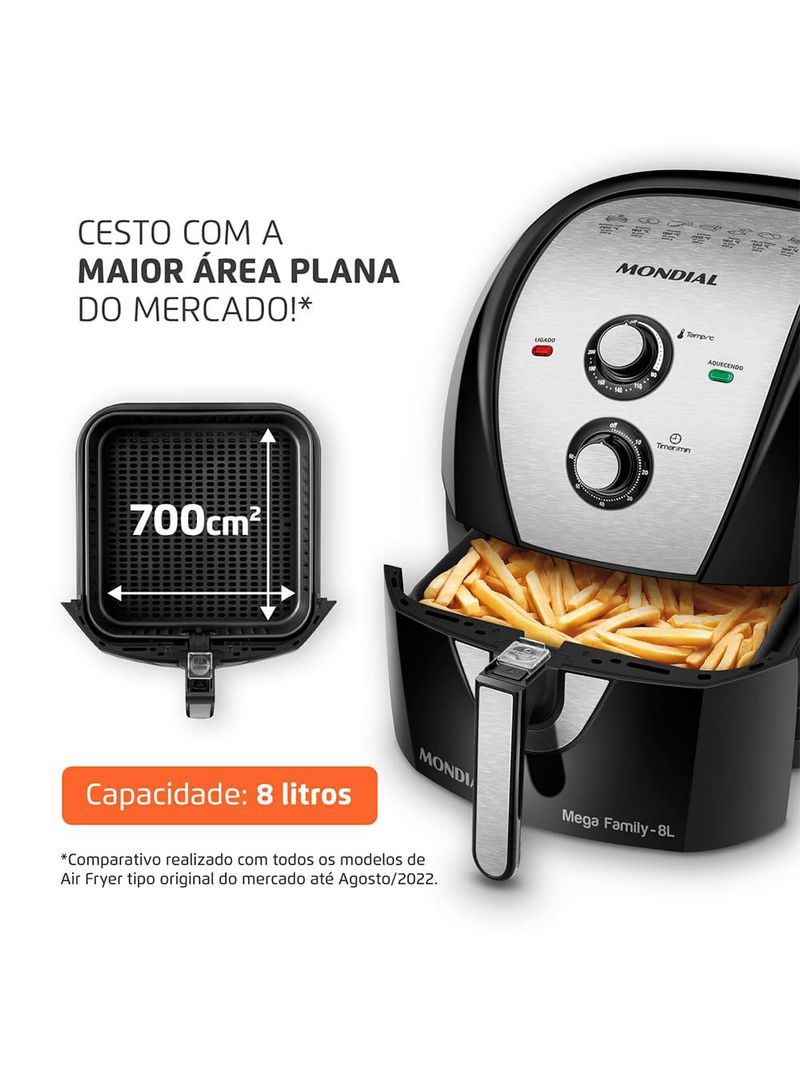 Fritadeira elétrica sem Óleo air fryer mondial mega family afn-80-bi 8l preta/inox
