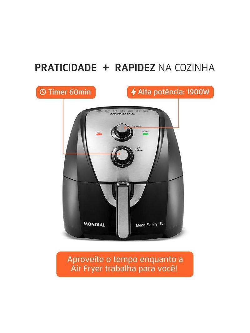 Fritadeira elétrica sem Óleo air fryer mondial mega family afn-80-bi 8l preta/inox