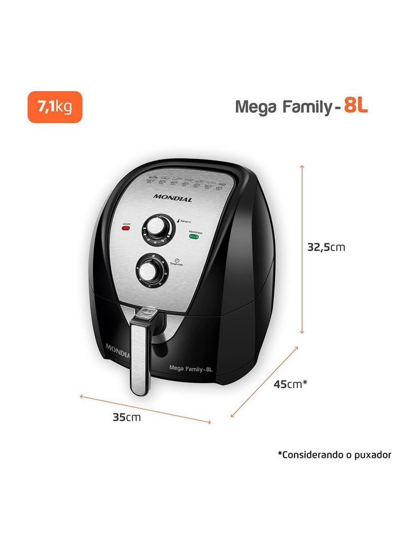 Fritadeira elétrica sem Óleo air fryer mondial mega family afn-80-bi 8l preta/inox