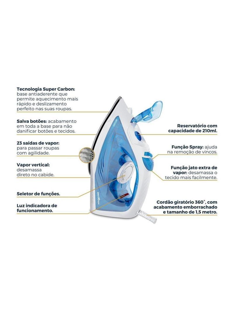 Ferro de passar britânia bf07 base antiaderente vapor vertical reservatório azul