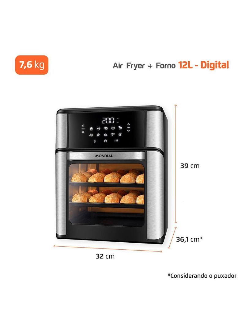 Fritadeira elétrica sem Óleo air fryer oven 2 em 1 mondial afon-12l-bi 12l digital – preta/inox