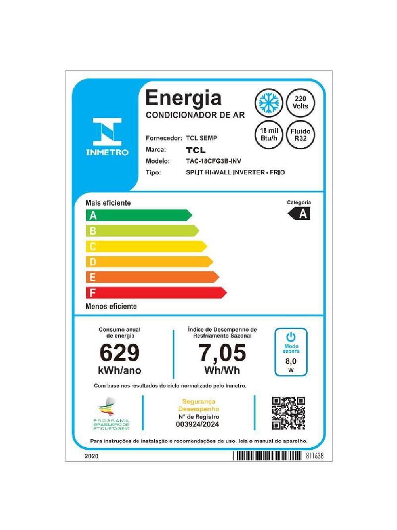 Ar Condicionado Split Inverter TCL FreshIN 30 18000 BTUs Frio Preto 220V TAC-18CFG3B-INV
