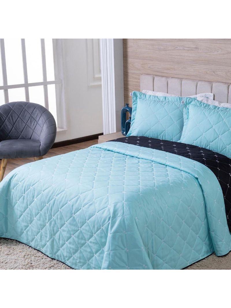 Kit Cobre Leito Dupla Face Casal King 3 Peças Bordado Essence Hipercal 400 Fios 100% Poliéster - Verde Tiffany