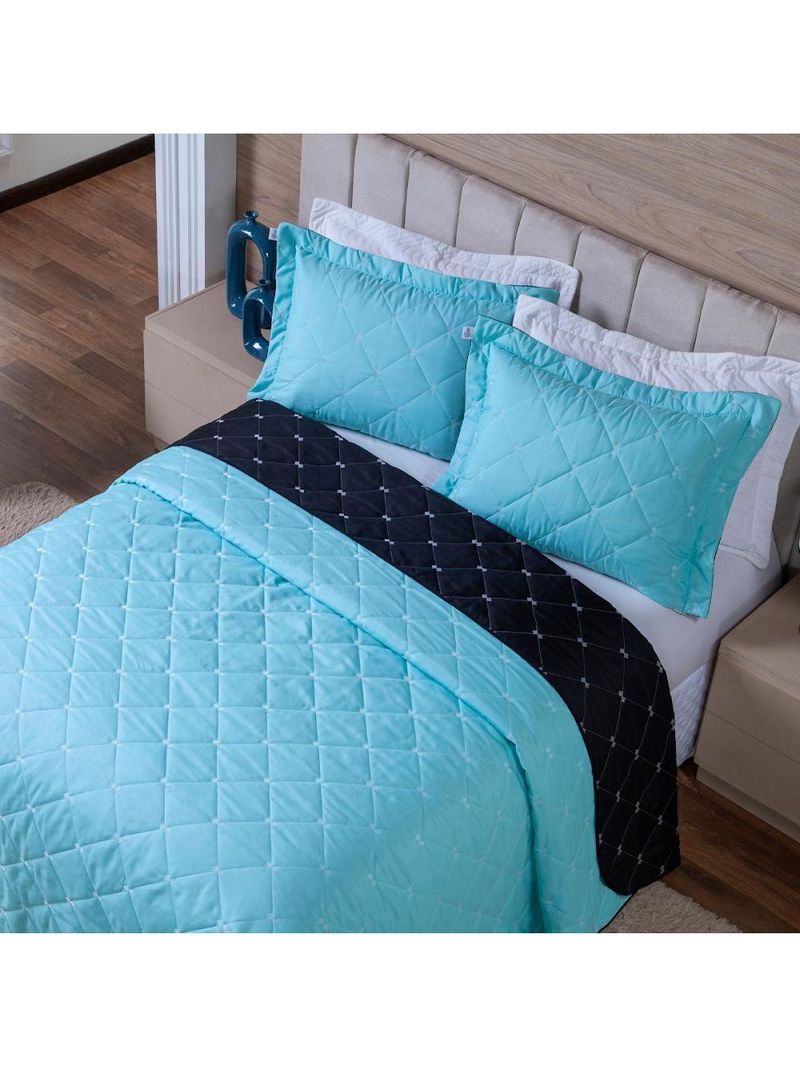 Kit Cobre Leito Dupla Face Casal King 3 Peças Bordado Essence Hipercal 400 Fios 100% Poliéster - Verde Tiffany