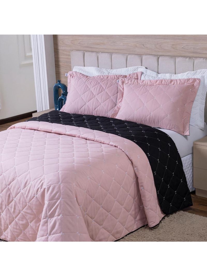 Kit Cobre Leito Dupla Face Casal Padrão 3 Peças Bordado Essence Hipercal 400 Fios 100% Poliéster - Rosê