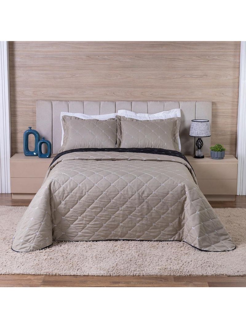 Kit Cobre Leito Dupla Face Casal Queen 3 Peças Bordado Essence Hipercal 400 Fios 100% Poliéster - Cáqui