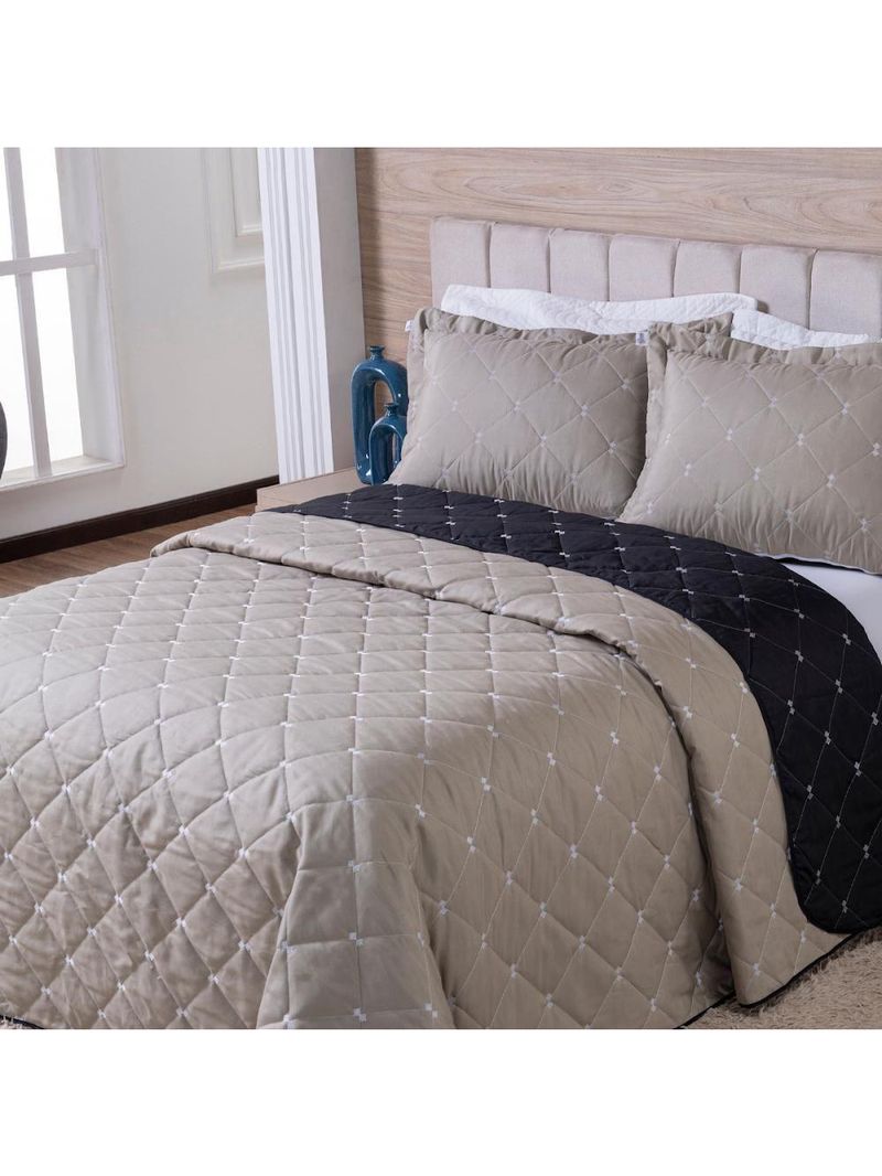 Kit Cobre Leito Dupla Face Casal Queen 3 Peças Bordado Essence Hipercal 400 Fios 100% Poliéster - Cáqui