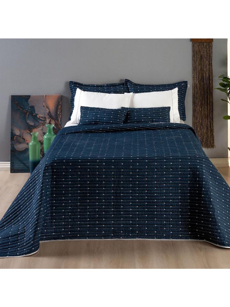 Kit Cobre Leito Casal Padrão 3 Peças Bordado Urbany Hipercal 400 Fios 100% Poliéster - Azul Marinho