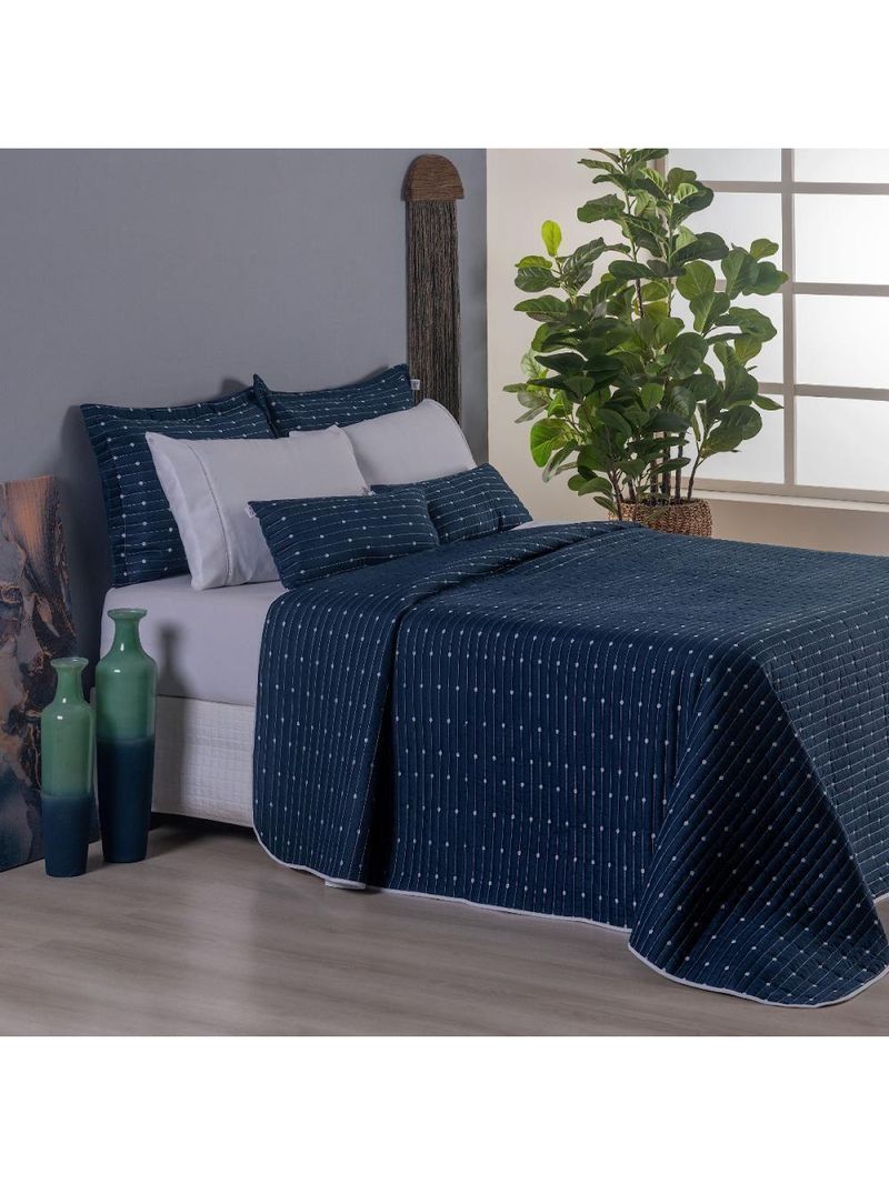Kit Cobre Leito Casal Padrão 3 Peças Bordado Urbany Hipercal 400 Fios 100% Poliéster - Azul Marinho
