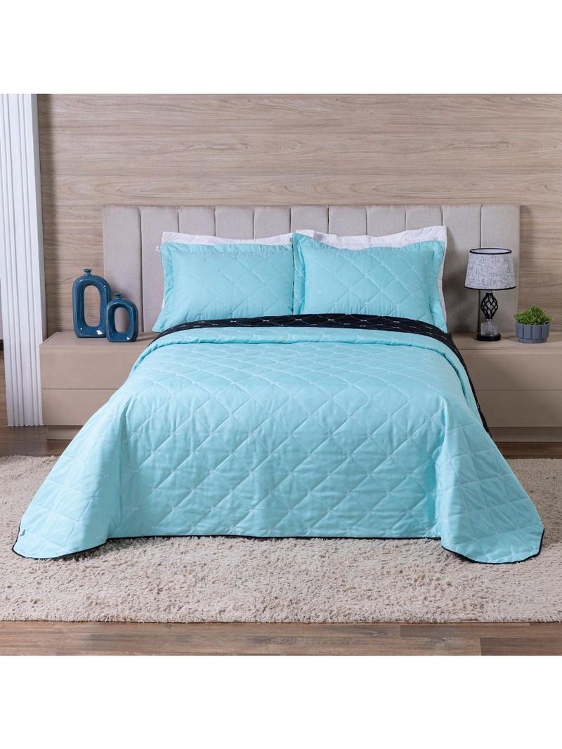 Kit Cobre Leito Dupla Face Casal Padrão 3 Peças Bordado Essence Hipercal 400 Fios 100% Poliéster - Verde Tiffany