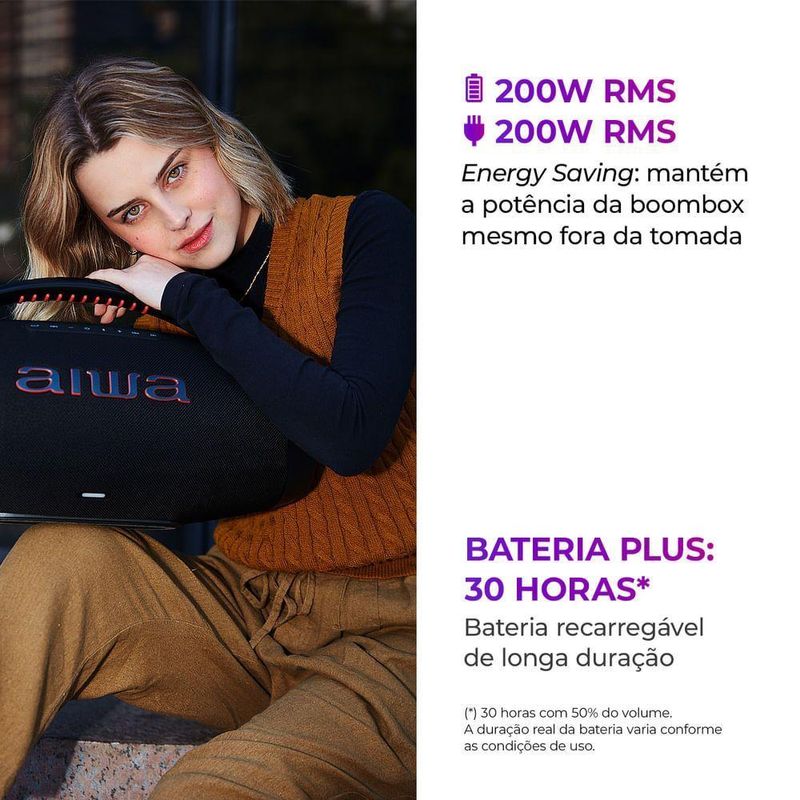 Caixa De Som Boombox Plus Aiwa BBS-01-B 200W Bluetooth 30h IP66 USB Preto Boombox AWS-BBS-01-B Bivolt