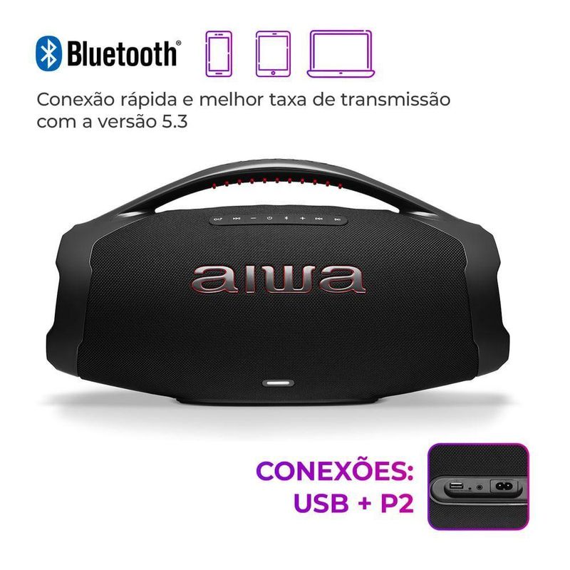 Caixa De Som Boombox Plus Aiwa BBS-01-B 200W Bluetooth 30h IP66 USB Preto Boombox AWS-BBS-01-B Bivolt