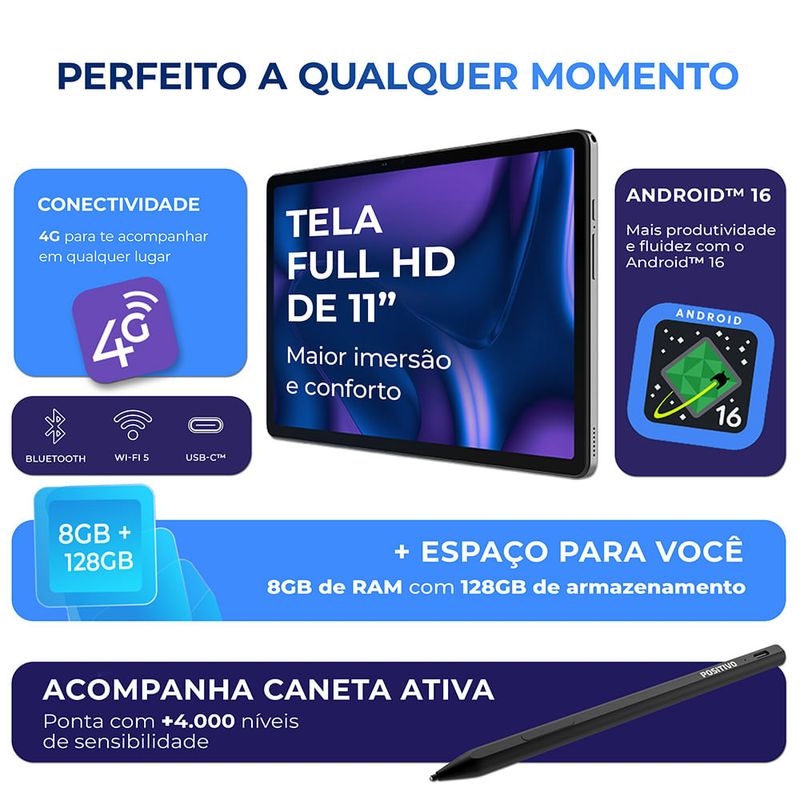 Tablet Positivo Vision TAB 11 com Capa e Caneta 4GB RAM 128GB 4G Tela 11” Full HD Octa-Core - Preto