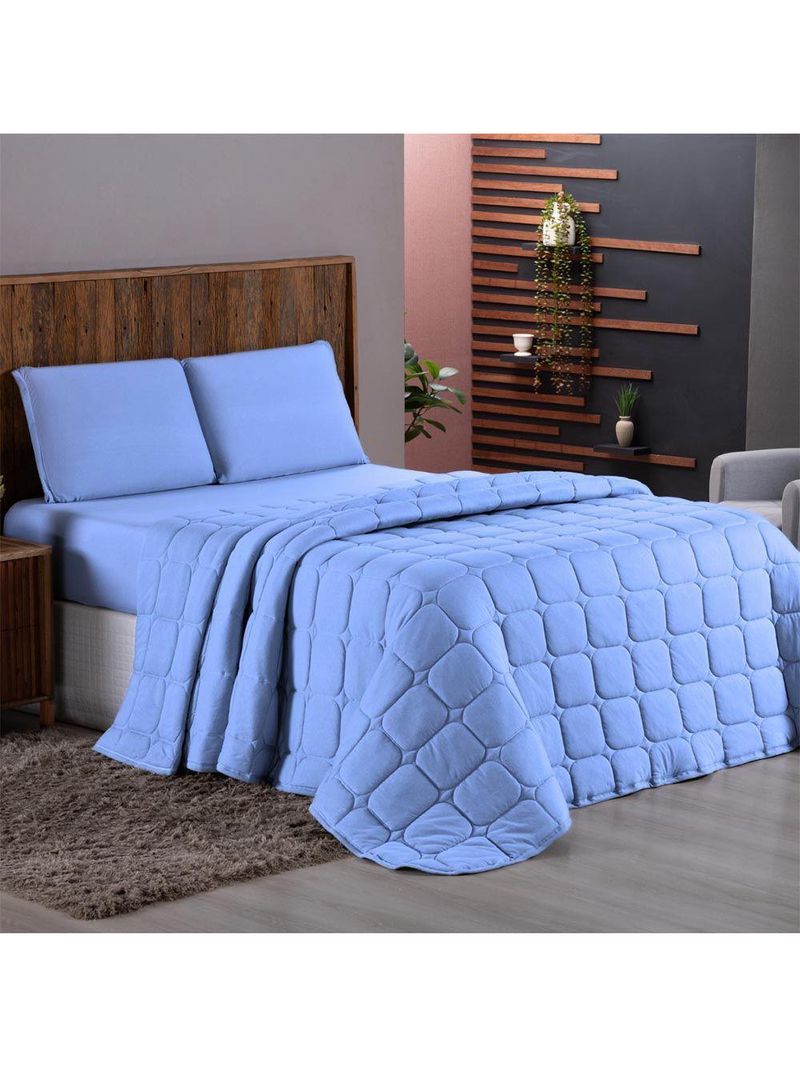 Kit Cobre Leito Colcha Minimal King 3 Peças Malha 100% Algodão - Azul Claro